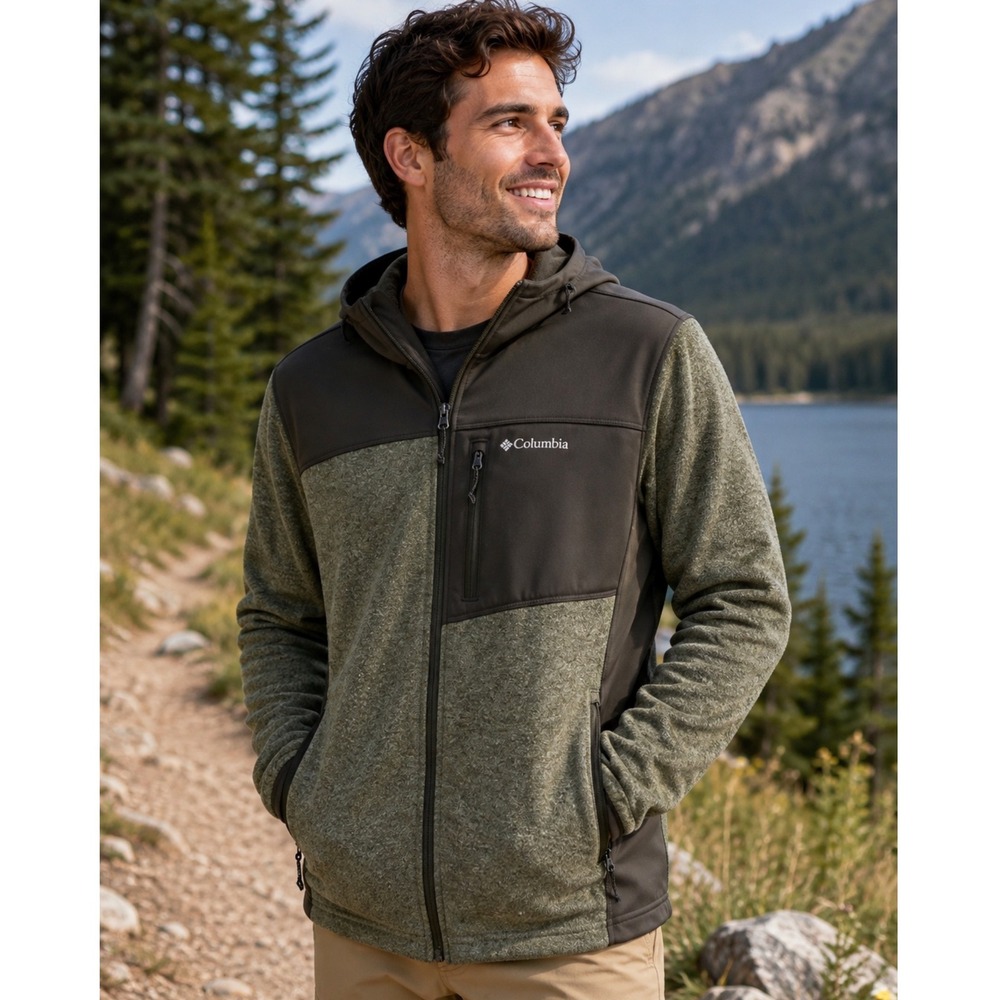 Columbia Mens Small Hooded Fleece Softshell Jacket Olive‎ Gray Full Zip XM0672